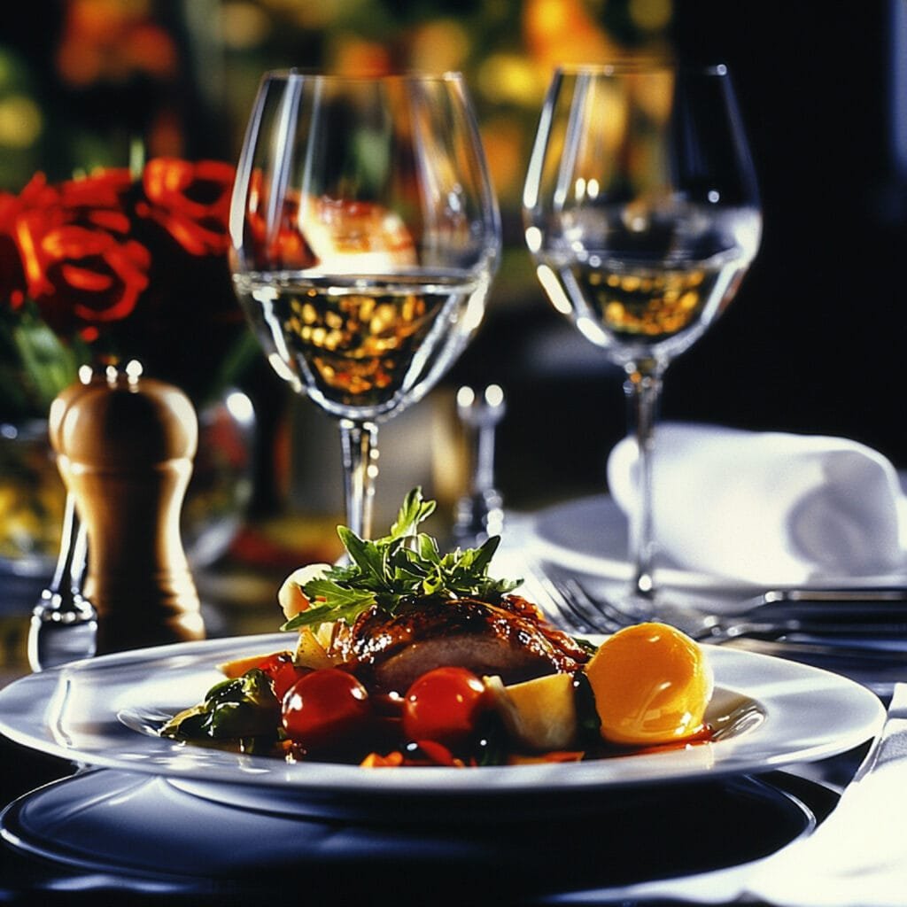 a plate of food and wine glasses