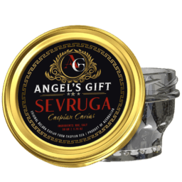 Caspian Sevruga Caviar a glass jar with a lid open